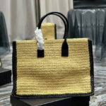 Saint Laurent Rive Gauche Tote Bag In Raffia And Leather Apricot